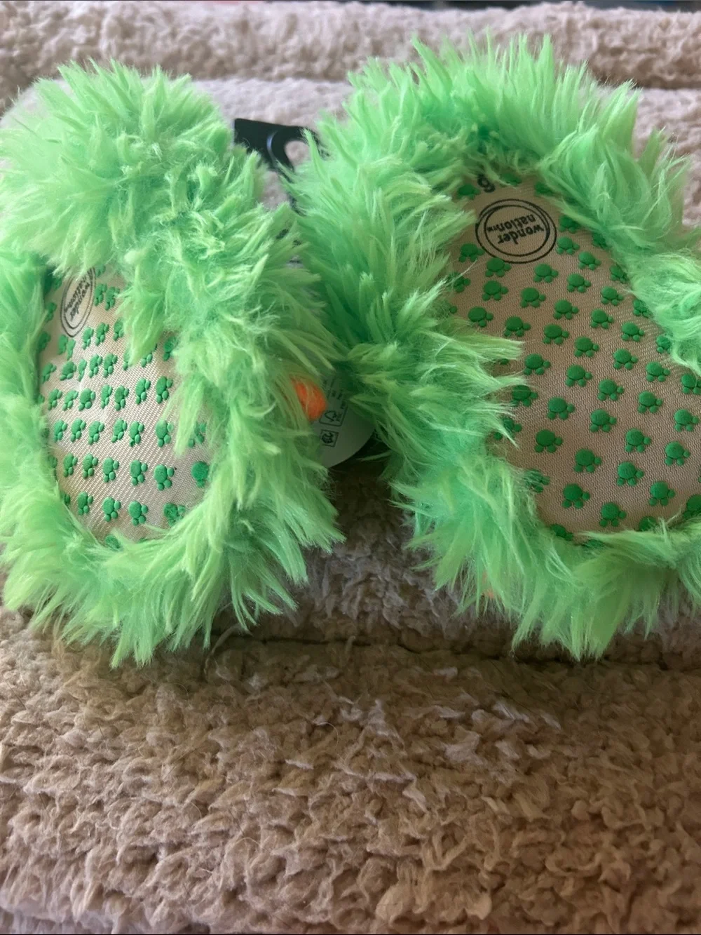 Green Fuzzy Monster Slippers with Orange Claws
